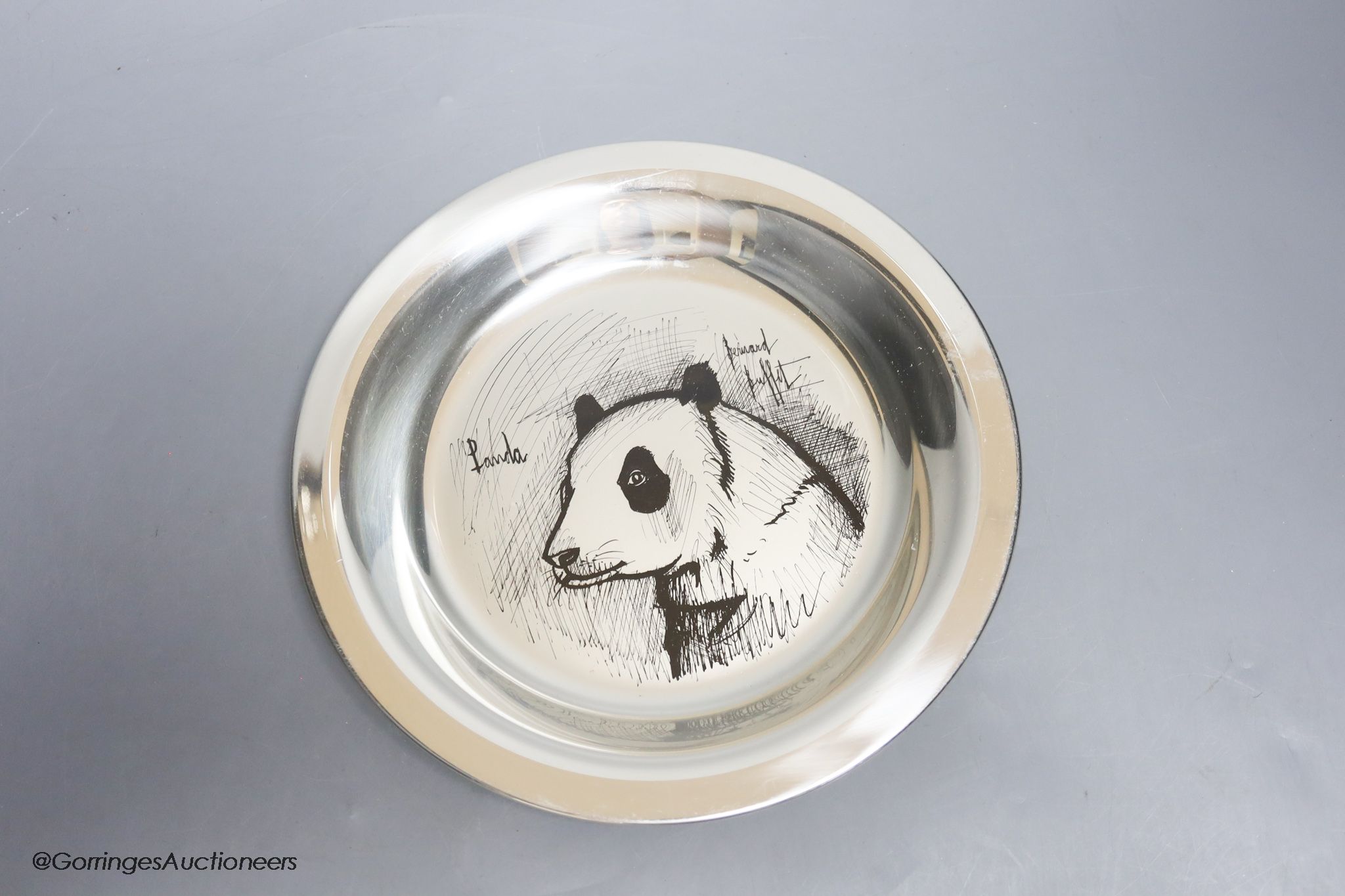 Four modern silver plates, two decorated after Bernard Buffet, dated verso 1973-4, detailing a Gazelle and Panda, each marked ‘Gravée à l’eau forte sue agent sterling 1er titre’ together with an example decorated by Pete